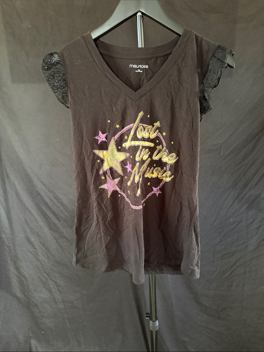 maurices Black V-Neck Graphic Tee with Lace Cap Sleeves
